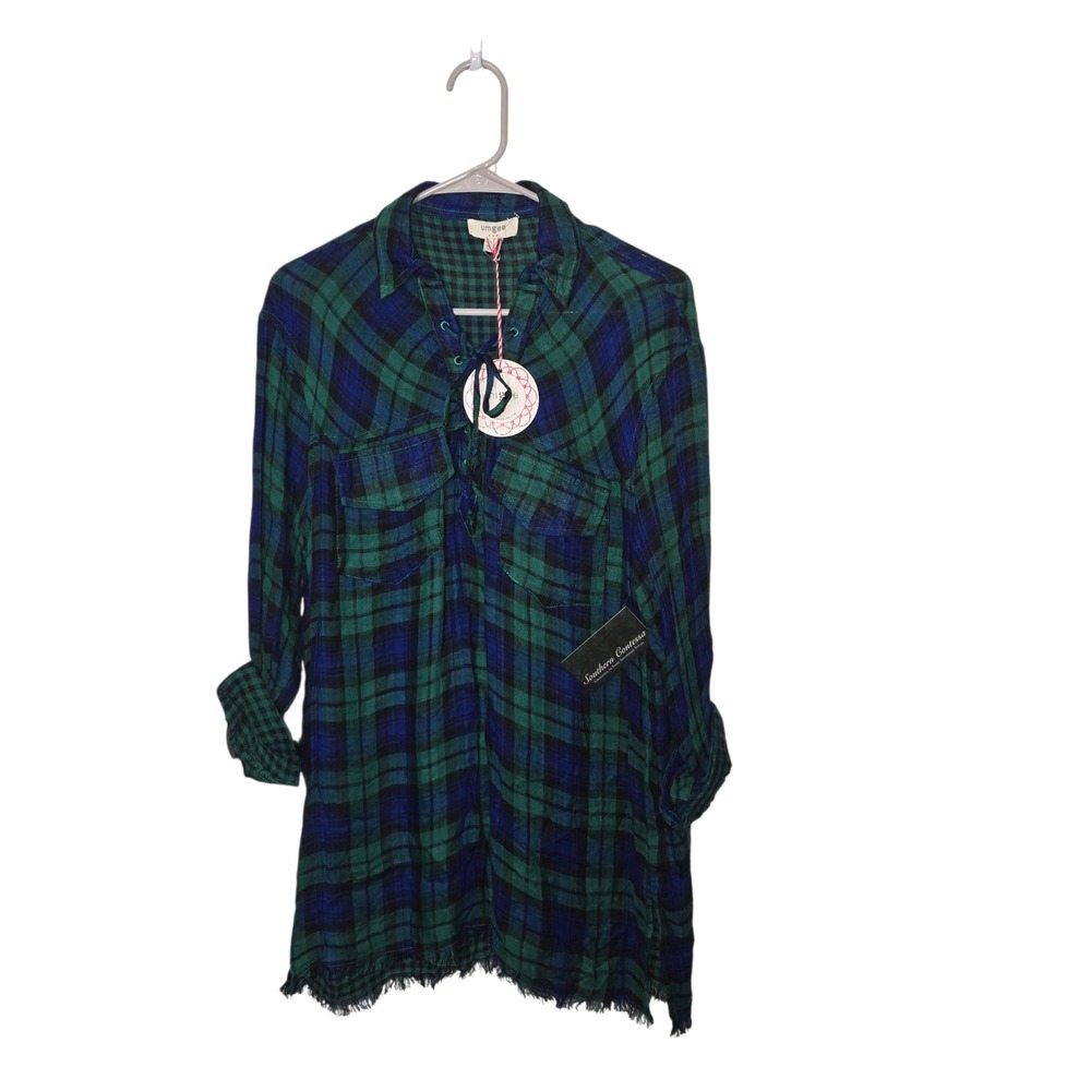 Umgee Womens Green Blue Plaid Lace Up Tunic Top Frayed Hem Small NWT